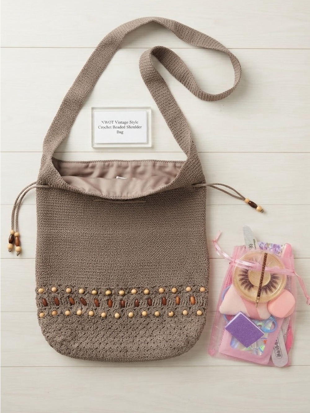 NWOT Taupe Crochet Shoulder Bag with Wooden Bead Trim & Beauty Gift Bag